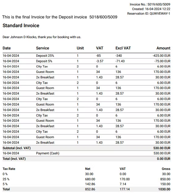 Final invoice with deposit reference