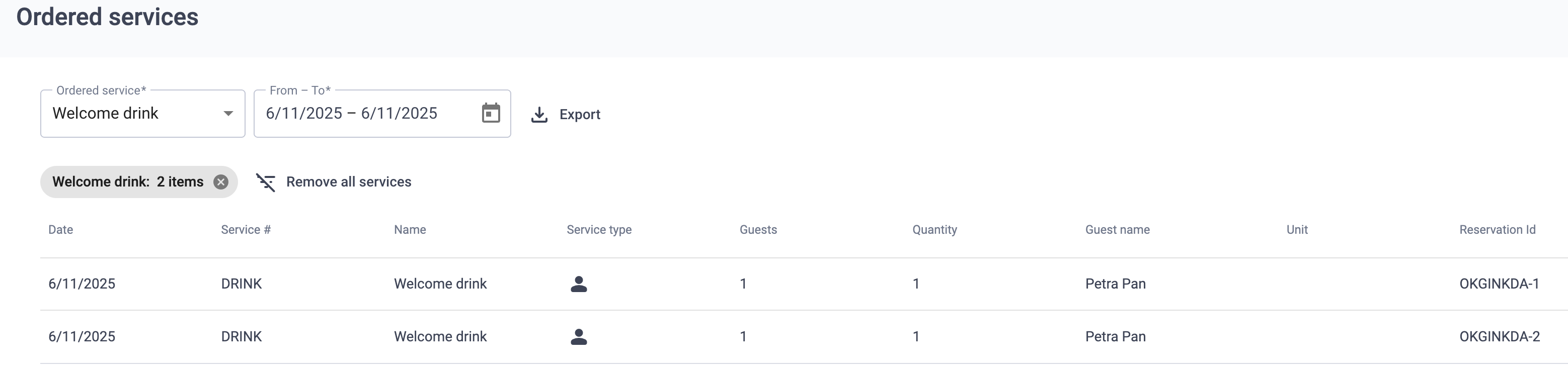 Service summary report screen