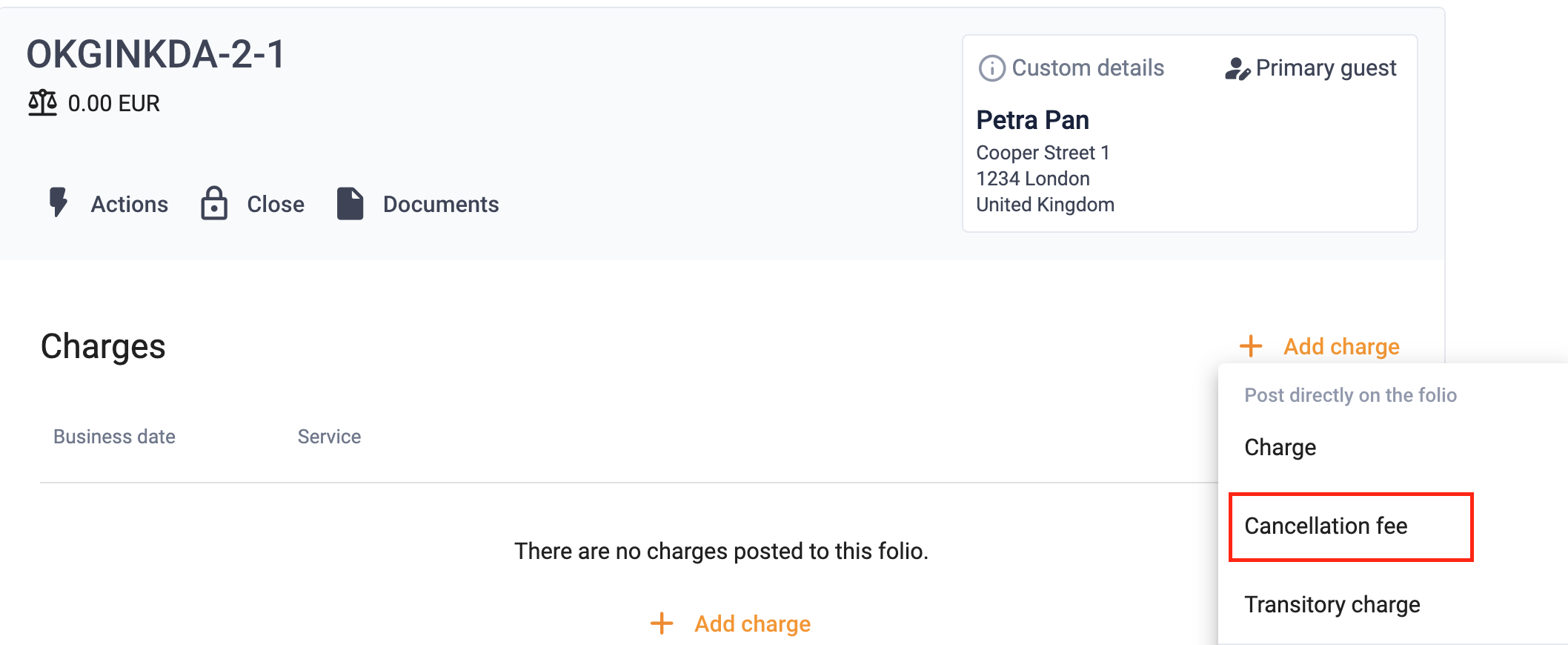 Folio with cancellation fee