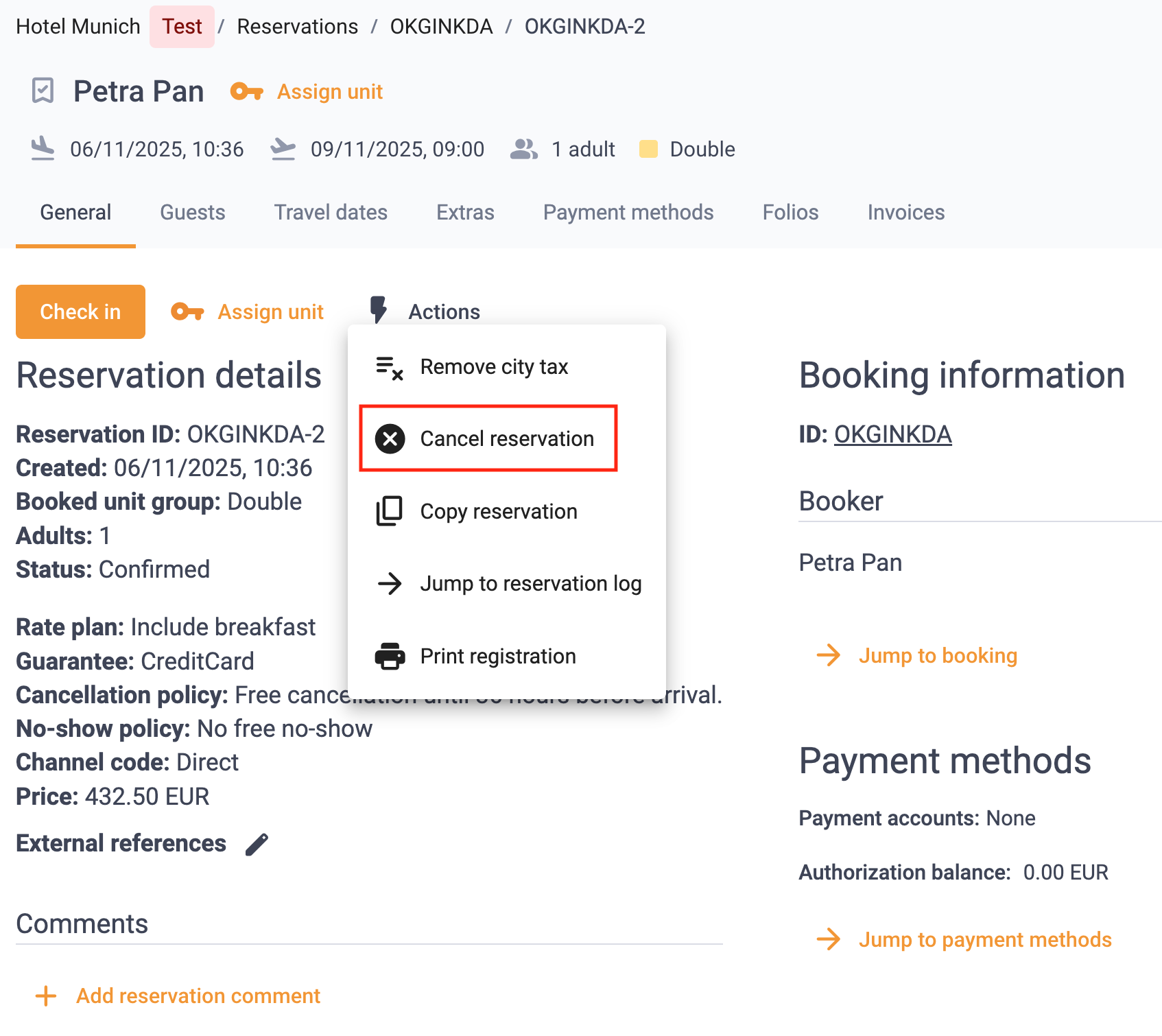Cancel reservation screen