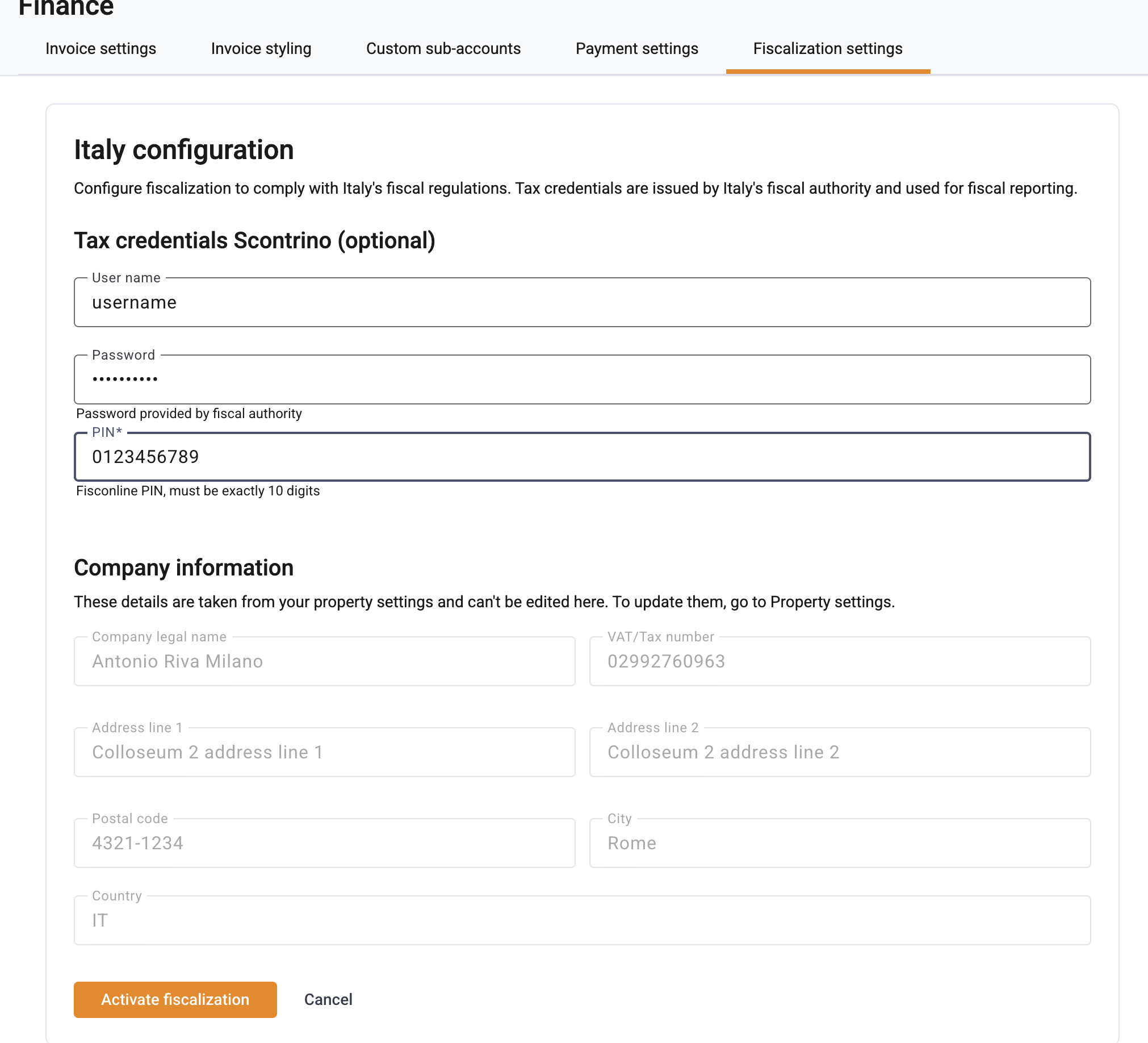 Tax credentials entry form