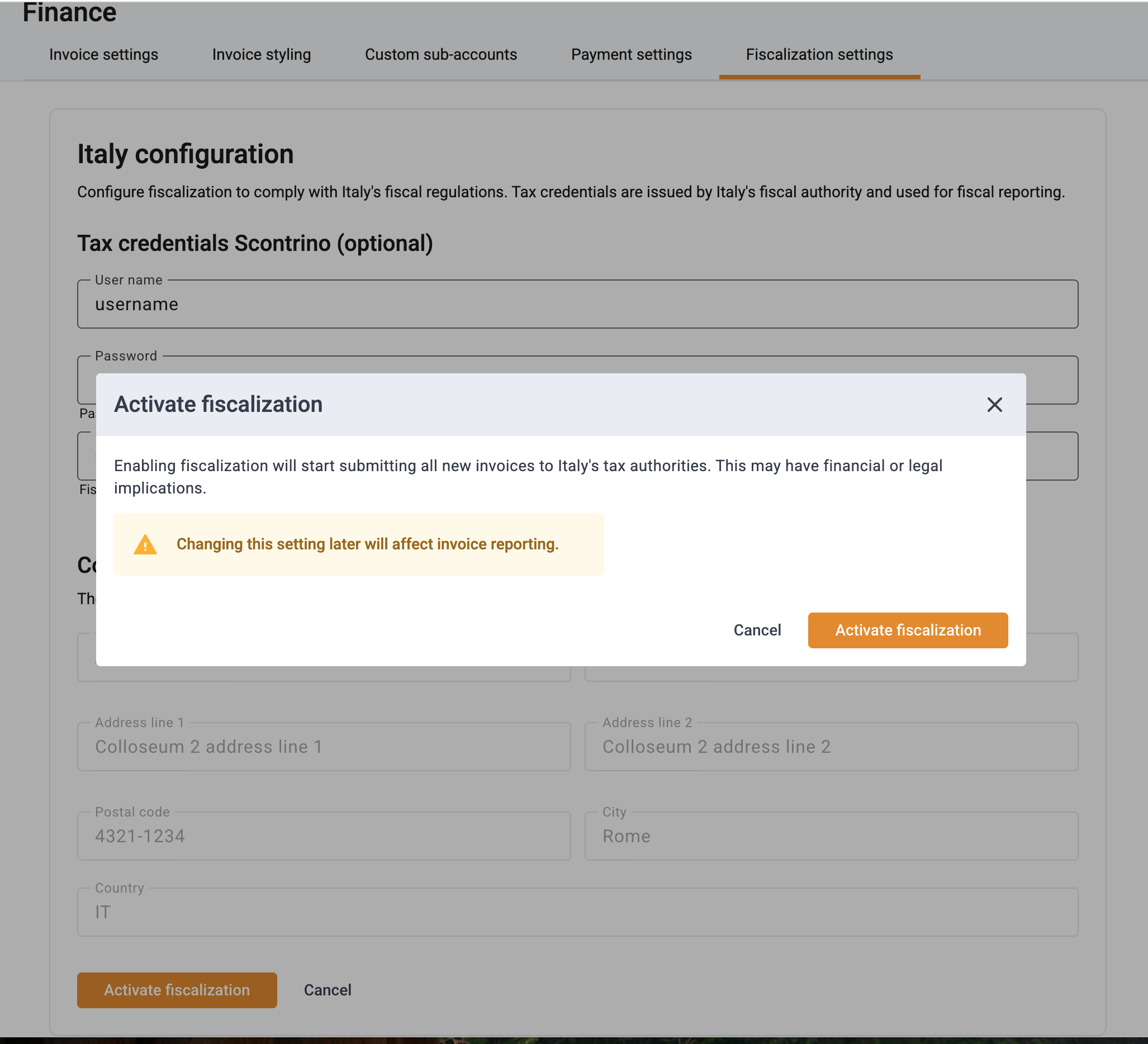 Activate fiscalization confirmation dialog