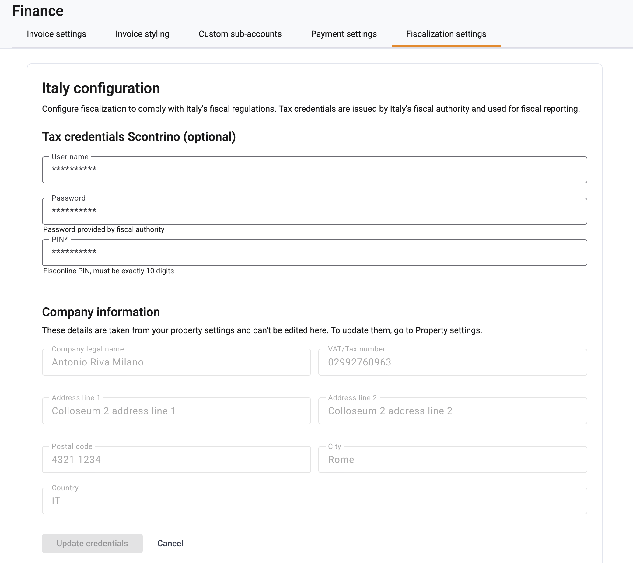 Update Scontrino credentials